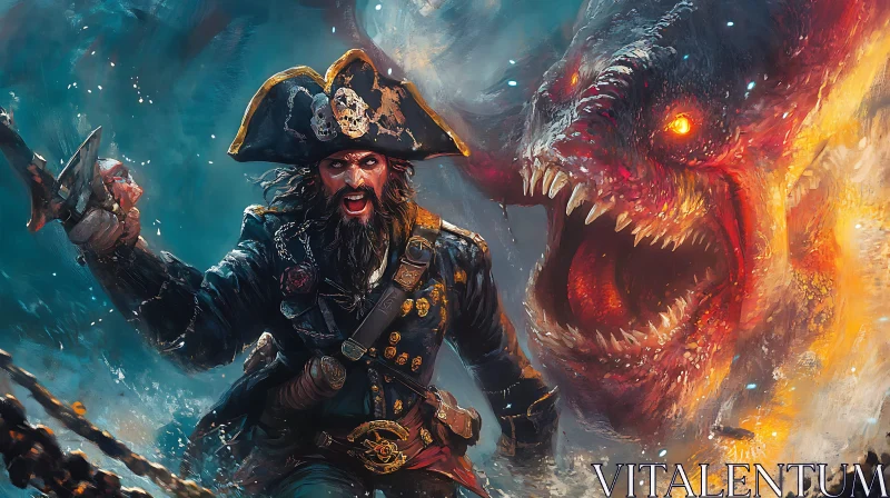 Pirate and Sea Monster Clash in Oceanic Battle AI Image