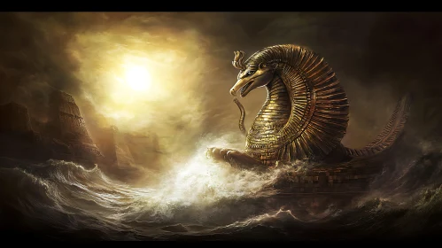 Ancient Golden Serpent in Turbulent Waters