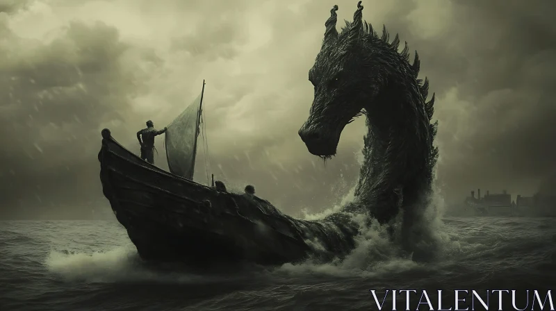 Epic Dragon and Boat in Stormy Waters