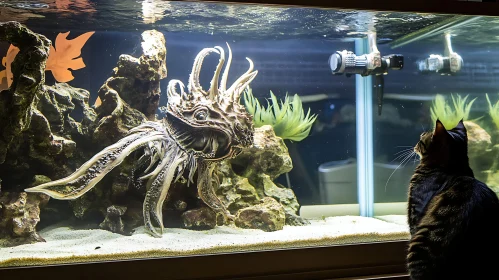 Curious Cat Watching Unique Aquarium Inhabitant