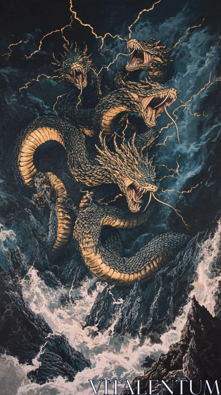 Mythical Hydra Dragon in a Stormy Setting AI Image