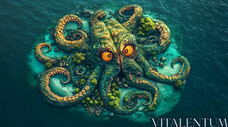 AI ART Giant Octopus Island with Orange Eyes