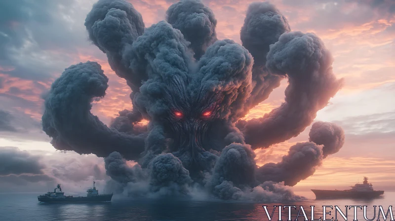 Monstrous Smoke Kraken with Glowing Eyes Surrounded by Ships AI Image