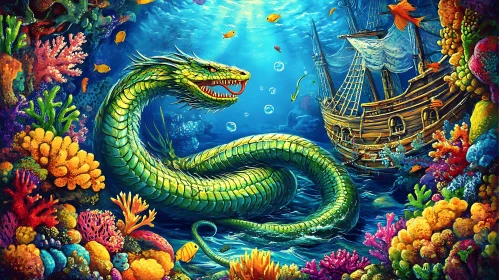 Mythical Sea Serpent in Coral Reef Near Sunken Ship