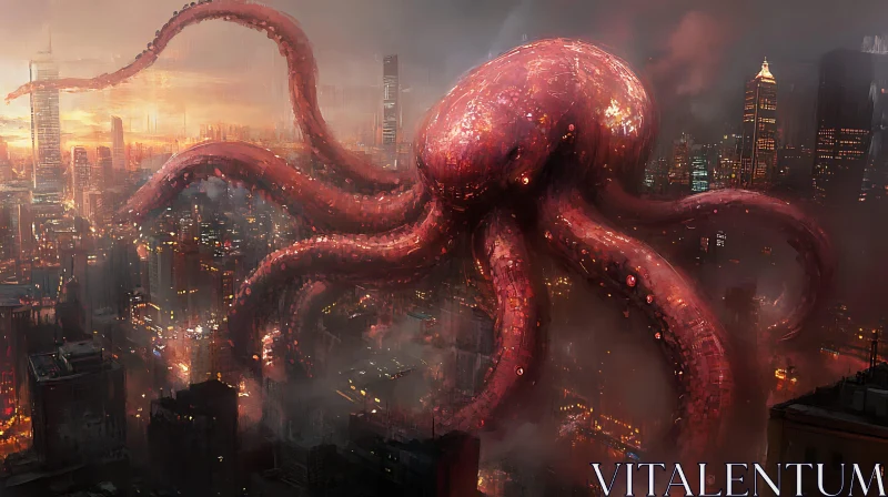 Giant Glowing Octopus in Apocalyptic Cityscape AI Image