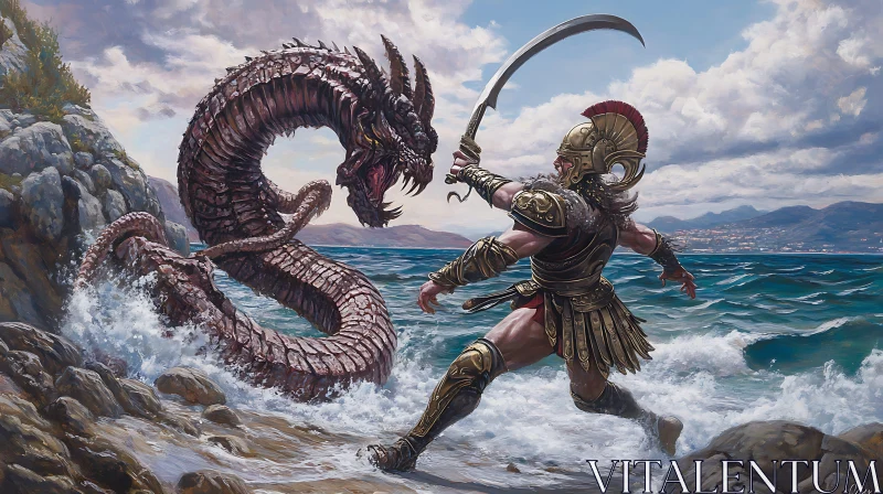 Warrior Confronts Dragon by the Sea AI Image