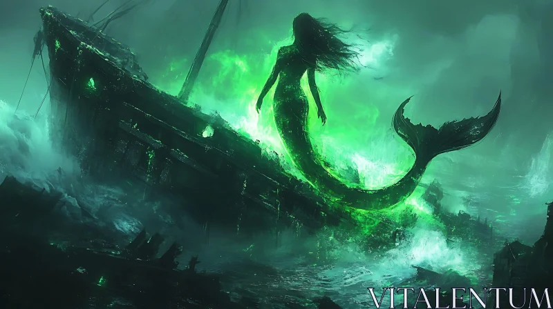 Eerie Mermaid and Ghostly Shipwreck Scene AI Image