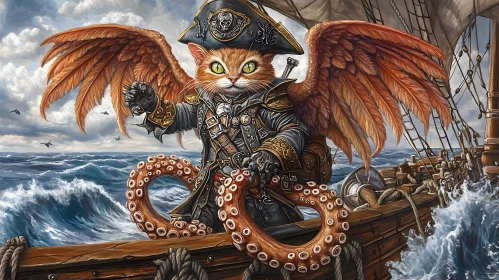 Adventurous Pirate Cat with Wings on the High Seas