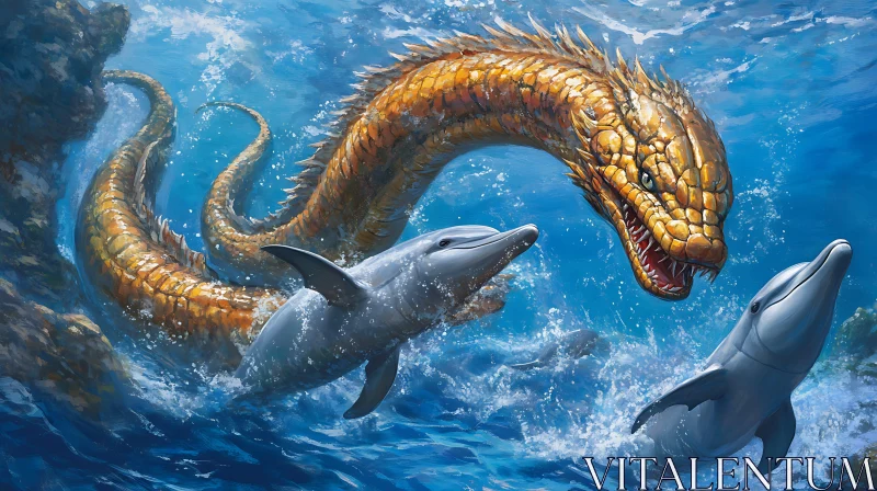 Ocean Clash: Golden Dragon and Dolphins AI Image