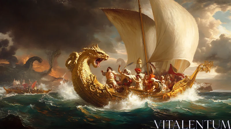 Golden Dragon Ship in Legendary Sea Battle AI Image