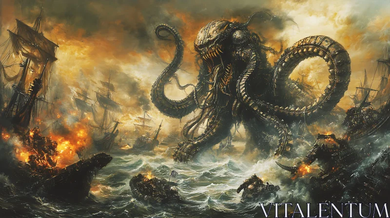 Massive Kraken Attacks Fleet During Sea Battle AI Image