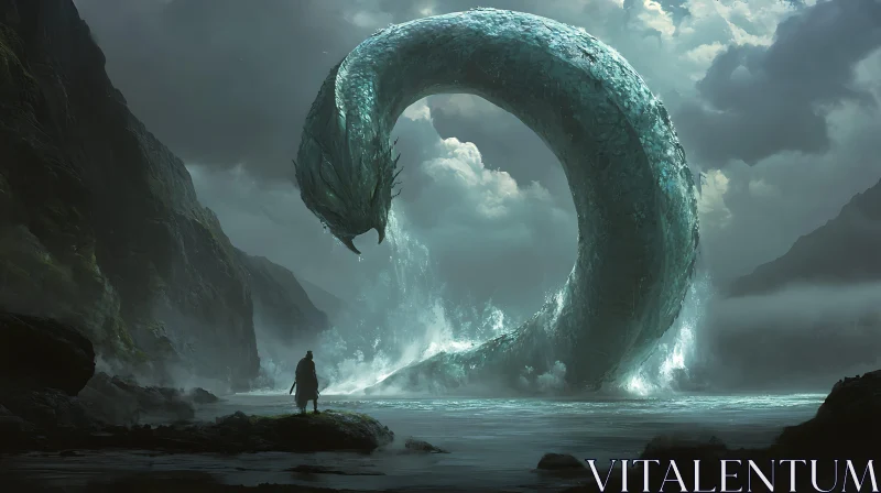 Giant Serpent Erupts from Misty Waters AI Image