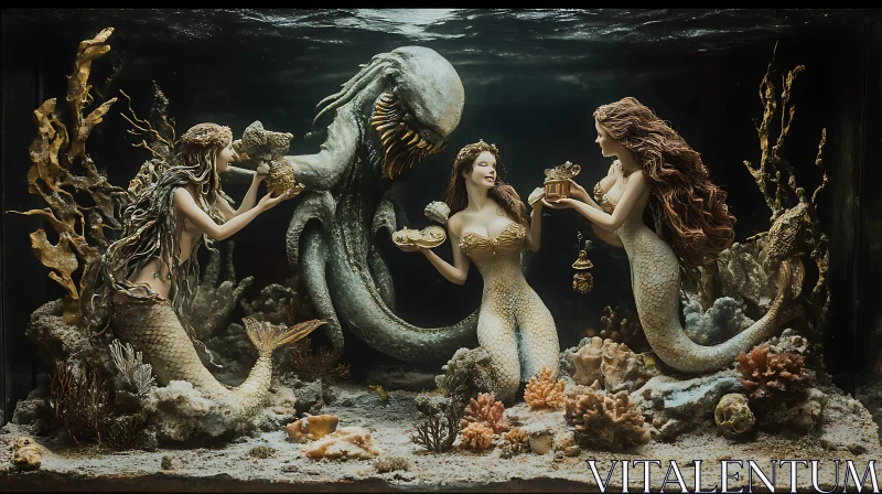 AI ART Mystical Underwater Scene with Mermaids and Sea Beast