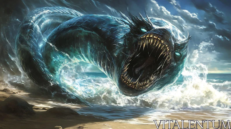 Giant Serpent-like Sea Creature on a Turbulent Shore AI Image