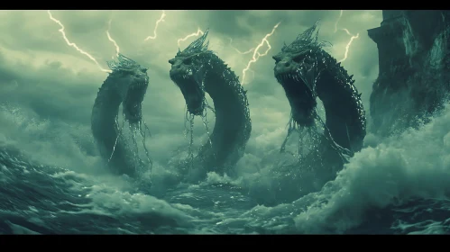 Stormy Sea with Ferocious Dragons