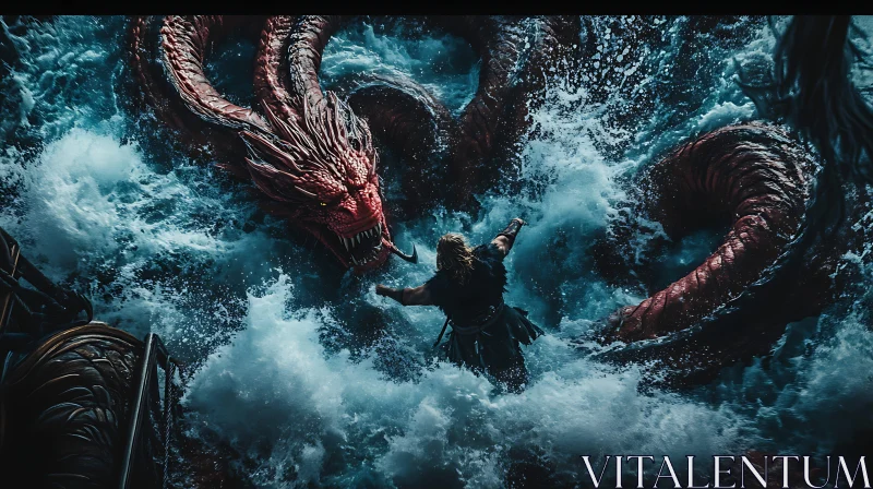 Warrior vs Dragon Amidst Stormy Seas AI Image