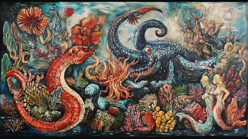 Fantasy Sea World with Mythical Sea Serpent and Mermaids