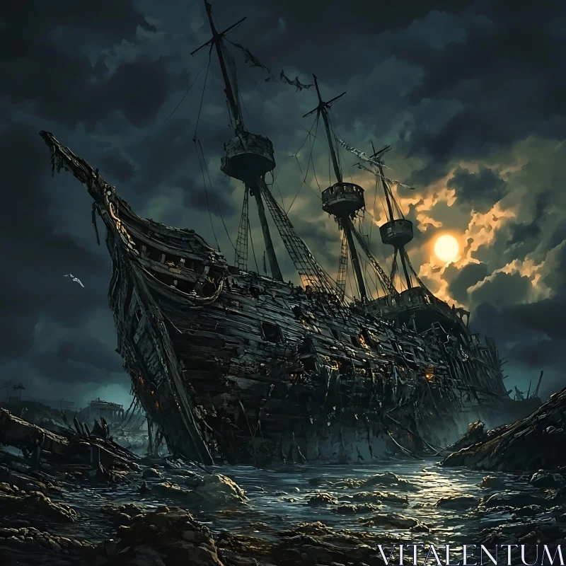 Moonlit Abandoned Shipwreck - Mysterious Scene AI Image