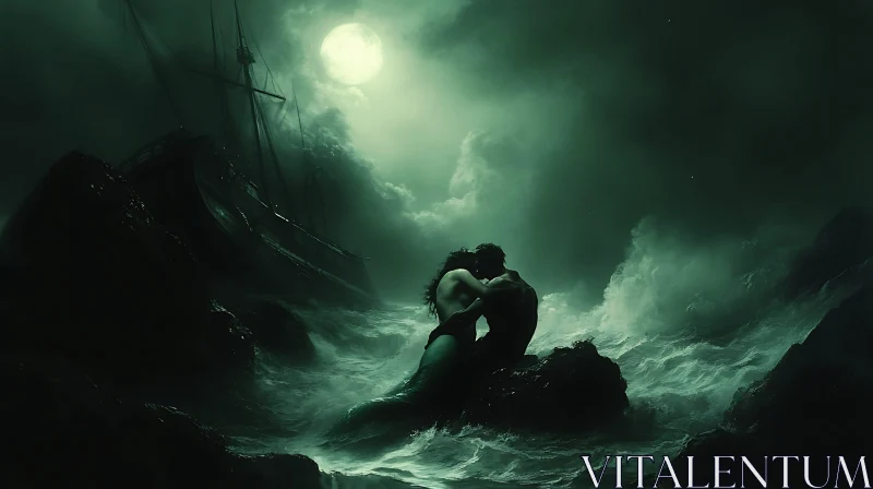 AI ART Romantic Moonlit Embrace with a Mermaid