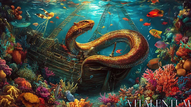 Underwater Enigma with Submerged Ship and Marine Snake AI Image