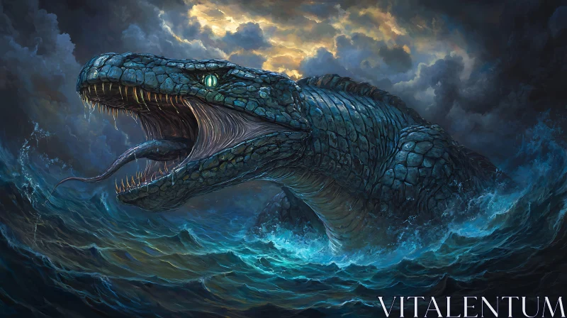 Mythical Sea Dragon Amidst Stormy Waters AI Image