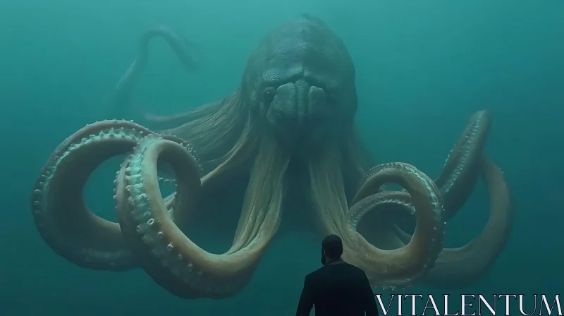 Giant Kraken Face-to-Face with Human Underwater AI Image