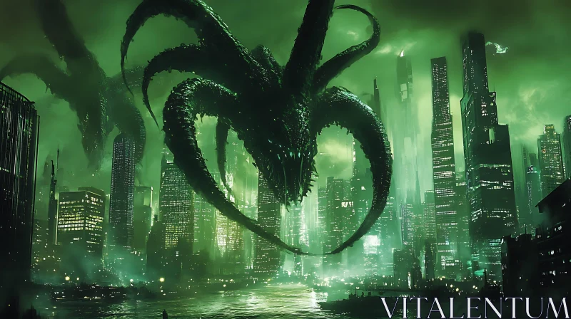 Monstrous Tentacles Overwhelming City in Green Atmosphere AI Image