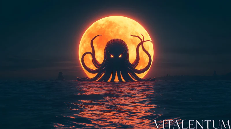 Enormous Octopus Monster Under Full Moon