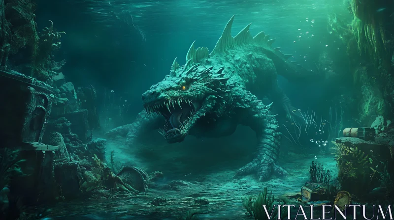 Mythical Aquatic Dragon Guarding Underwater Treasures AI Image