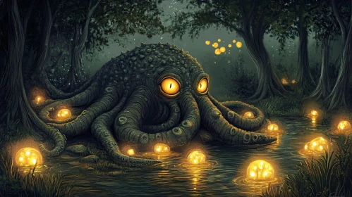 Eerie Forest Creature with Lanterns