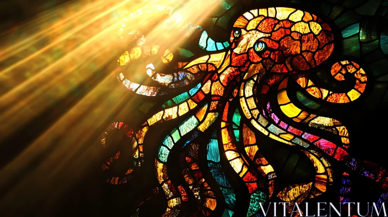 Illuminated Octopus Stained Glass Art AI Image