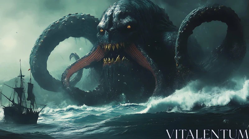 Sea Monster Attack on Sailing Ship AI Image