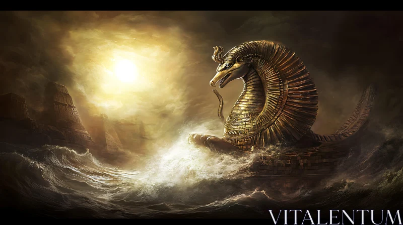 Ancient Golden Serpent in Turbulent Waters AI Image