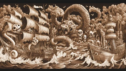 Pirate Ships vs Sea Monster in Dramatic Battle