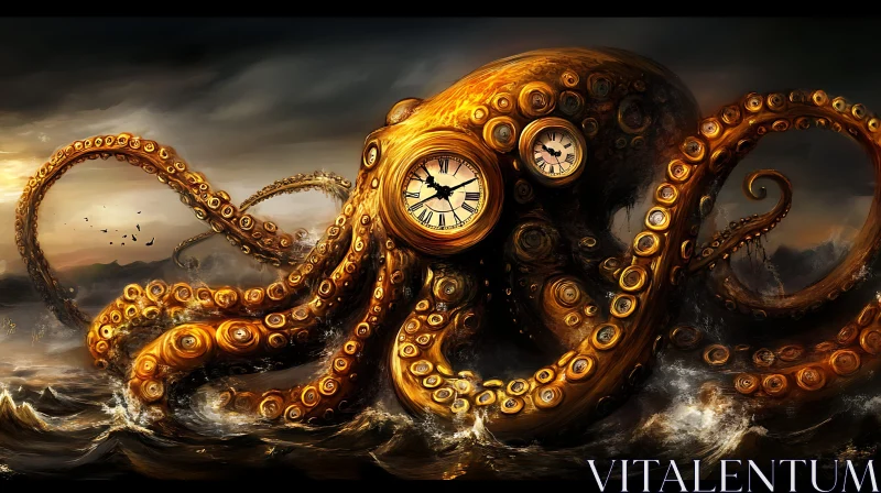 Golden Octopus with Embedded Clocks in Surreal Ocean AI Image