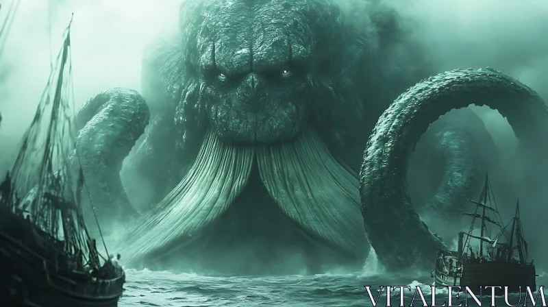 Giant Kraken and Sailing Ships in Mist AI Image