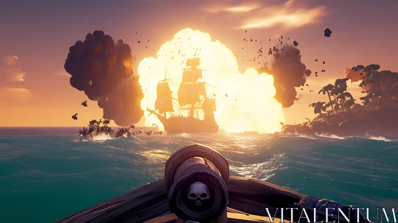 Sunset Sea Battle with Exploding Pirate Ship AI Image