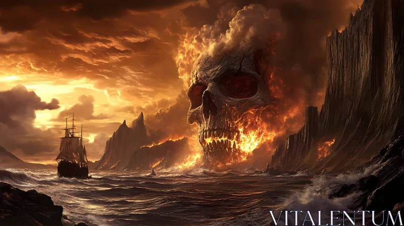 Fire Skull Emanating from Cliffs AI Image