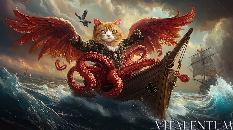 Winged Cat with Tentacles Navigating a Ship in Stormy Seas AI Image