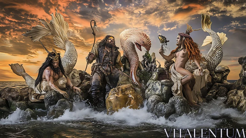 Pirate and Mermaids Confront Sea Serpent at Sunset AI Image