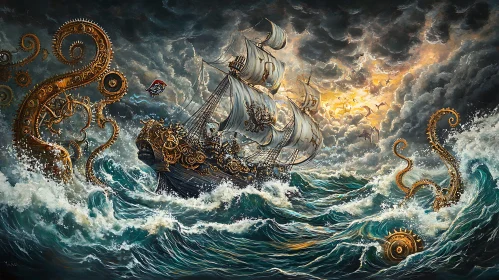 Steampunk Ship Fighting Mechanical Tentacles in Stormy Ocean