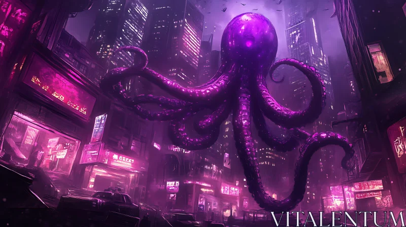 AI ART Futuristic Urban City with Giant Purple Octopus