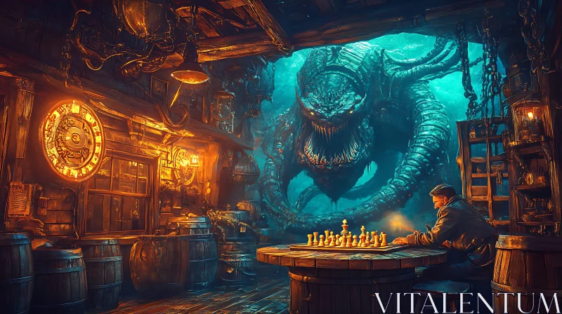 Solitary Chess Game in a Mysterious Underwater Tavern AI Image