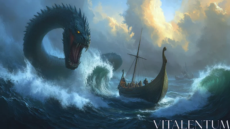 Viking Ship Battling Sea Serpent in Storm AI Image