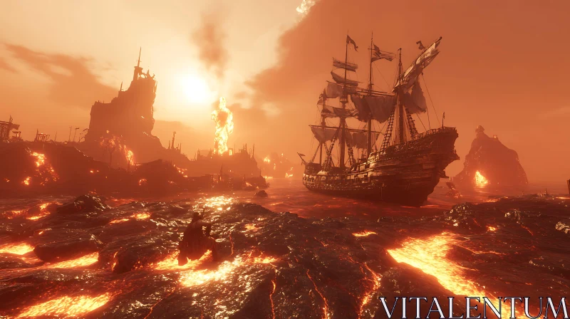 Ship Navigating Molten Lava at Sunset AI Image