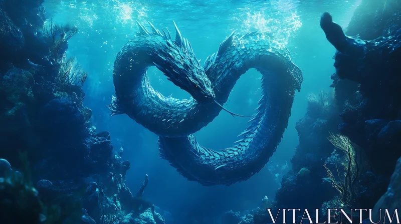 Mystical Aquatic Dragon in Blue Ocean Depths AI Image