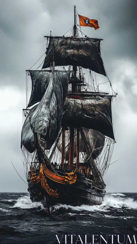 Historic Pirate Ship Overcoming Stormy Waters AI Image