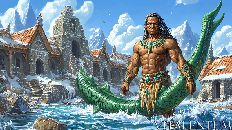 Warrior and Serpent in Enchanted Mountain Village AI Image