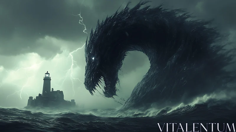 Sea Monster Threatens Lighthouse During Storm AI Image