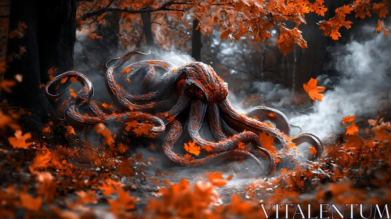 Mysterious Tentacled Entity in Autumn Woods AI Image